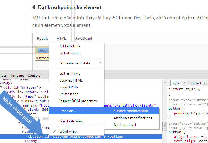 Chrome Dev Tools - Breakpoint element